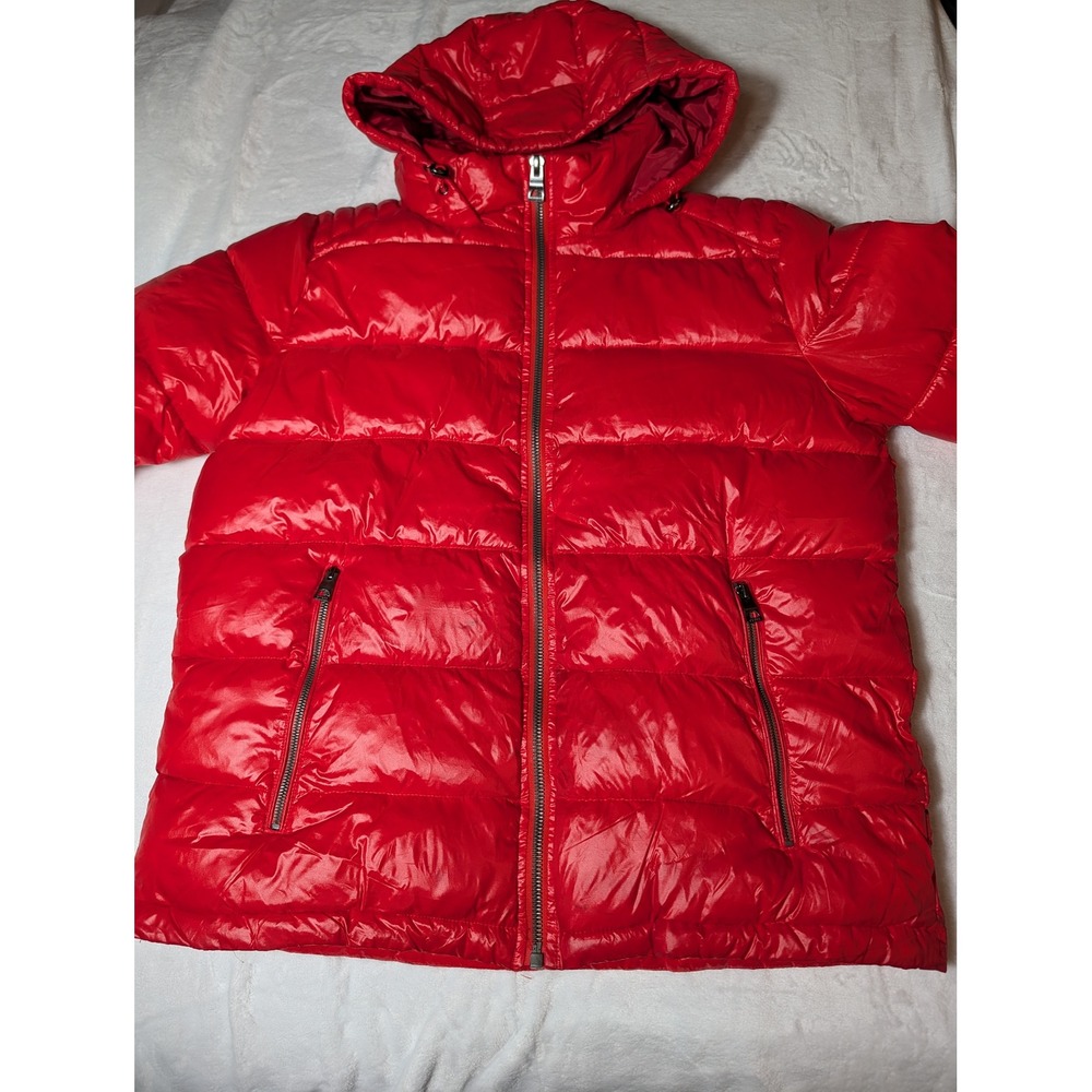 Guess Mens Red Glossy Puffer Jacket Hooded Quilted Winter Coat XL Streetwear Y2K